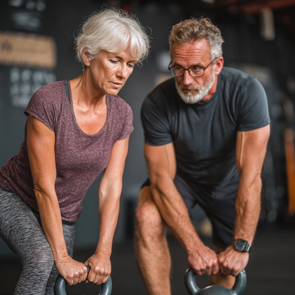 Personal trainer working one-on-one with client doing kettlebell exercises in fitness studio